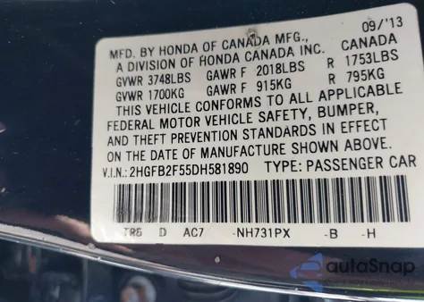 2013 Honda Civic Lx from USA, damaged, VIN 2HGFB2F55DH581890